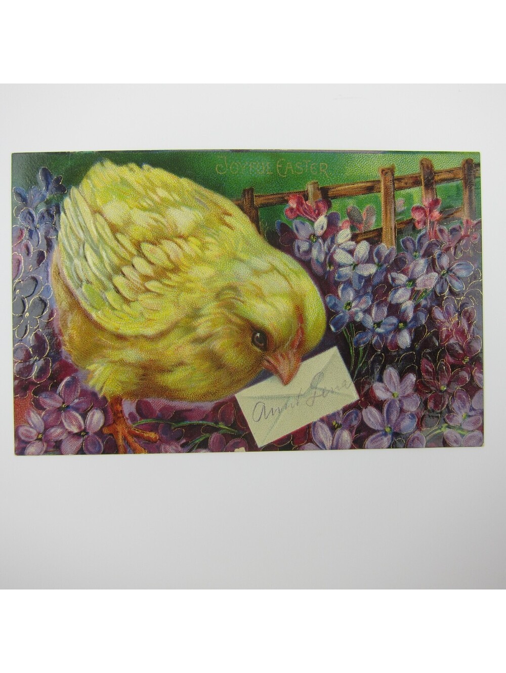 Easter Postcard Yellow Chick & Envelope Purple Flowers Gold Embossed Antique